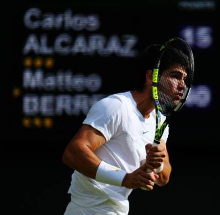 Mandatory Credit: Photo by Javier Garcia Shutterstock (14003748iy) Carlos Alcaraz during his fourth round match Wimbledon Tennis Championships, Day 8, The All England Lawn Tennis and Croquet Club, London, UK - 10 Jul 2023 Wimbledon Tennis Championships, Day 8, The All England Lawn Tennis and Croquet Club, London, UK - 10 Jul 2023  Copyright: xJavierxGarcia Shutterstockx 14003748iy