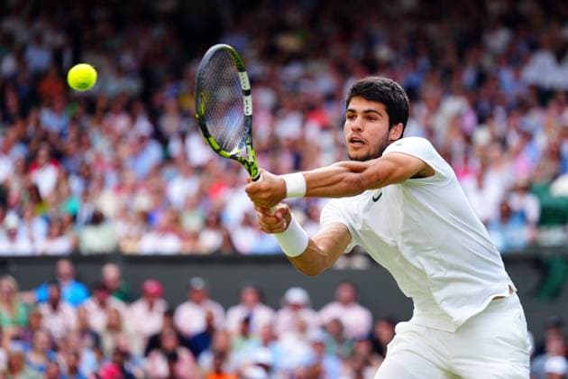 Mandatory Credit: Photo by Javier Garcia Shutterstock (14003748jb) Carlos Alcaraz during his fourth round match Wimbledon Tennis Championships, Day 8, The All England Lawn Tennis and Croquet Club, London, UK - 10 Jul 2023 Wimbledon Tennis Championships, Day 8, The All England Lawn Tennis and Croquet Club, London, UK - 10 Jul 2023  Copyright: xJavierxGarcia Shutterstockx 14003748jb