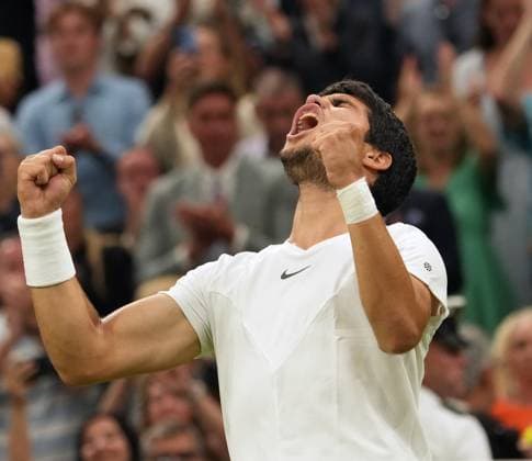 Tennis - 2023 Wimbledon Championships - Week Two - Day Eight - All England lawn Tennis & Racquet Club, Wimbledon - Monday 10th Mens singles - Carlos Alcaraz (ESP) v Matteo Berrettini (ITA) Carlos Alcaraz celebrates winning match point 