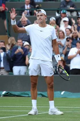 10th July 2023; All England Lawn Tennis and Croquet Club, London, England: Wimbledon Tennis Tournament; Holger Rune celebrates after he wins the match against Grigor Dimitrov  ActionPlus12529994 ShaunxBrooks