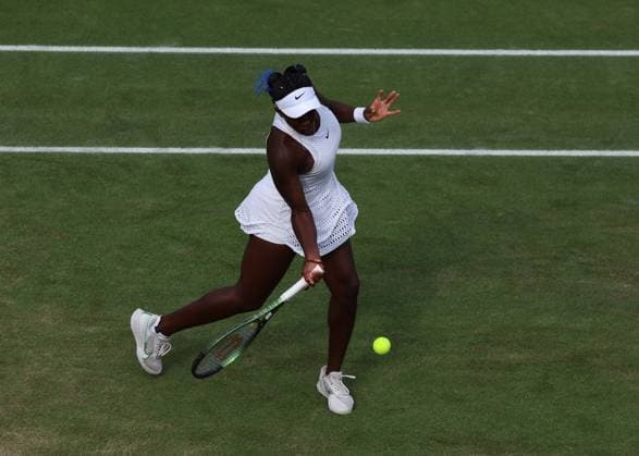 10th July 2023; All England Lawn Tennis and Croquet Club, London, England: Wimbledon Tennis Tournament; Clervie Ngounoue (USA) with a forehand shot to Isabelle Lacy (GBR)  ActionPlus12530037 JohnxPatrickxFletcher