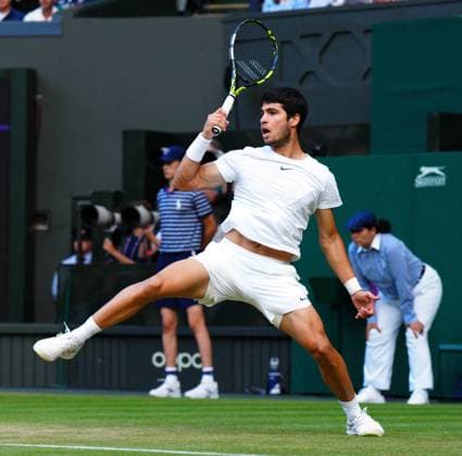 Mandatory Credit: Photo by Javier Garcia Shutterstock (14003748ms) Carlos Alcaraz during his fourth round match Wimbledon Tennis Championships, Day 8, The All England Lawn Tennis and Croquet Club, London, UK - 10 Jul 2023 Wimbledon Tennis Championships, Day 8, The All England Lawn Tennis and Croquet Club, London, UK - 10 Jul 2023  Copyright: xJavierxGarcia Shutterstockx 14003748ms