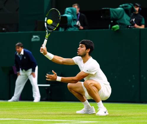 Mandatory Credit: Photo by Javier Garcia Shutterstock (14003748nm) Carlos Alcaraz during his fourth round match Wimbledon Tennis Championships, Day 8, The All England Lawn Tennis and Croquet Club, London, UK - 10 Jul 2023 Wimbledon Tennis Championships, Day 8, The All England Lawn Tennis and Croquet Club, London, UK - 10 Jul 2023  Copyright: xJavierxGarcia Shutterstockx 14003748nm