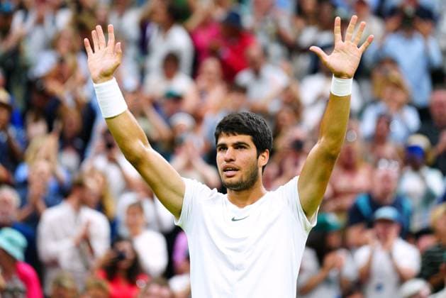 Mandatory Credit: Photo by Javier Garcia Shutterstock (14003748no) Carlos Alcaraz celebrates victory in his fourth round match Wimbledon Tennis Championships, Day 8, The All England Lawn Tennis and Croquet Club, London, UK - 10 Jul 2023 Wimbledon Tennis Championships, Day 8, The All England Lawn Tennis and Croquet Club, London, UK - 10 Jul 2023  Copyright: xJavierxGarcia Shutterstockx 14003748no