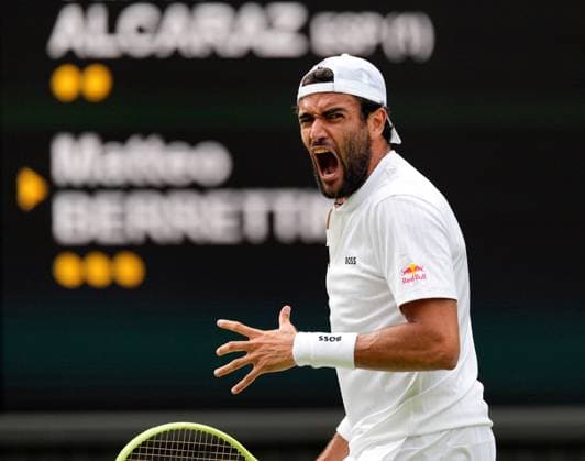Mandatory Credit: Photo by Dave Shopland Shutterstock (14003750fh) Matteo Berrettini celebrates during his fourth round match Wimbledon Tennis Championships, Day 8, The All England Lawn Tennis and Croquet Club, London, UK - 10 Jul 2023 Wimbledon Tennis Championships, Day 8, The All England Lawn Tennis and Croquet Club, London, UK - 10 Jul 2023  Copyright: xDavexShopland Shutterstockx 14003750fh