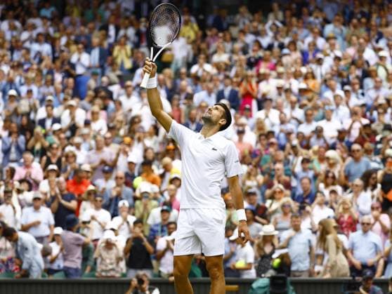 Tennis: Wimbledon championships Novak Djokovic of Serbia reacts after beating Hubert Hurkacz of Poland in the men s singles fourth round at the Wimbledon tennis tournament in London on July 10, 2023, following the postponement of the match the previous day due to Wimbledon s 11 p.m. curfew.  A14AA0001669950P  