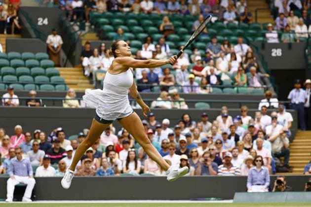 Tennis: Wimbledon championships Belarusian Aryna Sabalenka plays against Russian Ekaterina Alexandrova in the women s singles fourth round at the Wimbledon tennis tournament in London on July 10, 2023.  A14AA0001670003P  