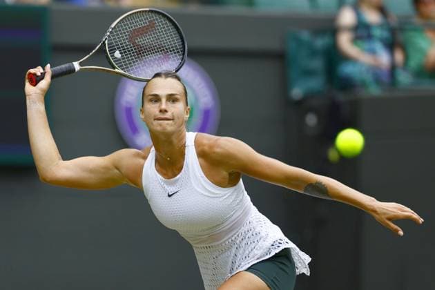 Tennis: Wimbledon championships Belarusian Aryna Sabalenka plays against Russian Ekaterina Alexandrova in the women s singles fourth round at the Wimbledon tennis tournament in London on July 10, 2023.  A14AA0001670007P  