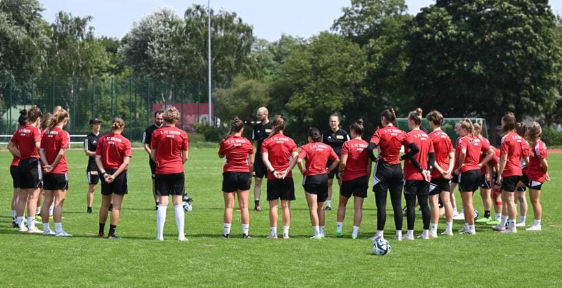 Soccer, women, Regionalliga Nordost, season 2023 2024, 1 FC Union Berlin, training kick-off, address coach Ailien Poese 5 v l , 1 women 1 FC Union , 10 07 2023, Copyright: xMatthiasxKochx