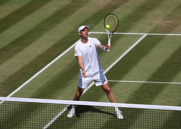 11th July 2023; All England Lawn Tennis and Croquet Club, London, England: Wimbledon Tennis Tournament; Horacio Zeballos (ARG) with a forehand shot to Lloyd Harris (RSA) mens doubles round of 16  ActionPlus12530058 JohnxPatrickxFletcher