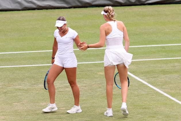 11th July 2023; All England Lawn Tennis and Croquet Club, London, England: Wimbledon Tennis Tournament; ladies doubles match, Ella McDonald and Luciana Moyano celebrate a point against Yoana Konstantinova and Teodora Kostovic  ActionPlus12530089 ShaunxBrooks