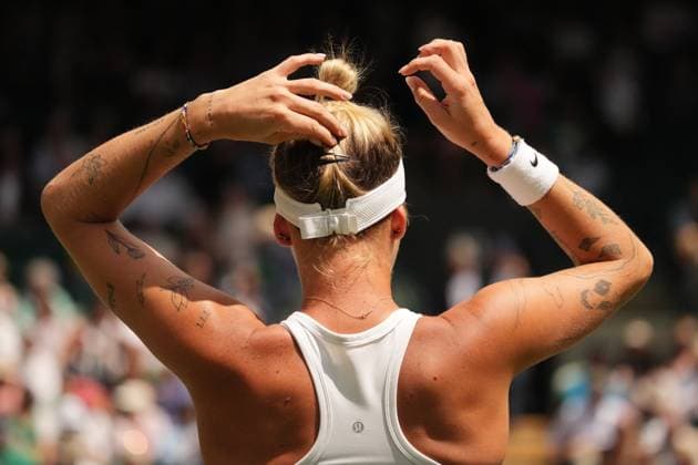Tennis - 2023 Wimbledon Championships - Week Two - Day Nine - All England lawn Tennis & Racquet Club, Wimbledon - Tuesday 11th Ladies singles - Jessica Pegula (USA) v Marketa Vondrousova (CZE) Marketa Vondrousova (CZE) with her tattooed arms 