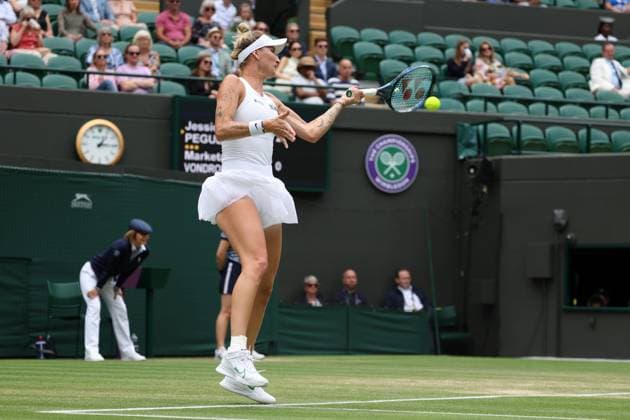 11th July 2023; All England Lawn Tennis and Croquet Club, London, England: Wimbledon Tennis Tournament; Marketa Vondrousova (CZE) with a forehand shot to Jessica Pegula (USA) in their womens singles quarter-final match  ActionPlus12530115 JohnxPatrickxFletcher