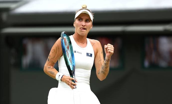 Mandatory Credit: Photo by Simon Dael Shutterstock (14003756bq) Marketa Vondrousova celebrates against Jessica Pegula Wimbledon Tennis Championships, Day 9, The All England Lawn Tennis and Croquet Club, London, UK - 11 Jul 2023 Wimbledon Tennis Championships, Day 9, The All England Lawn Tennis and Croquet Club, London, UK - 11 Jul 2023  Copyright: xSimonxDael Shutterstockx 14003756bq