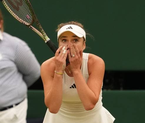 Tennis - 2023 Wimbledon Championships - Week Two - Day Nine - All England lawn Tennis & Racquet Club, Wimbledon - Tuesday 11th Ladies singles - Iga Swiatek (POL) v Elina Svitolina (UKR) Elina Svitolina (UKR) after winning match point 