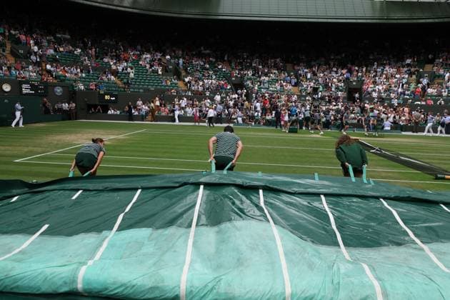 11th July 2023; All England Lawn Tennis and Croquet Club, London, England: Wimbledon Tennis Tournament; The covers are pulled over the courts as light rain starts again on a stormy day  ActionPlus12530133 JohnxPatrickxFletcher
