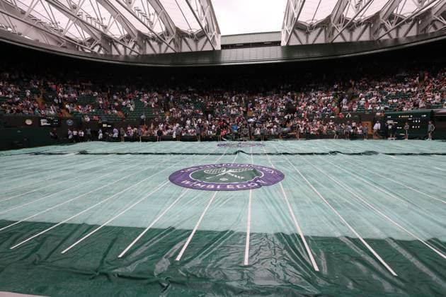 11th July 2023; All England Lawn Tennis and Croquet Club, London, England: Wimbledon Tennis Tournament; The covers are pulled over the courts as light rain starts again on a stormy day  ActionPlus12530140 JohnxPatrickxFletcher