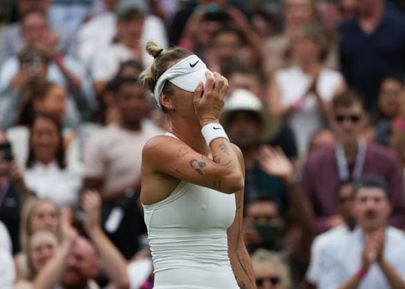 11th July 2023; All England Lawn Tennis and Croquet Club, London, England: Wimbledon Tennis Tournament; Marketa Vondrousova (CZE) emotional in celebration after defeating Jessica Pegula (USA) by two sets to one  ActionPlus12530150 JohnxPatrickxFletcher