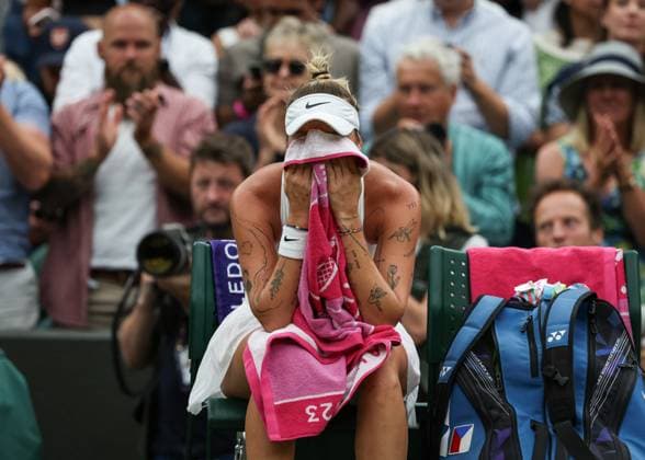 11th July 2023; All England Lawn Tennis and Croquet Club, London, England: Wimbledon Tennis Tournament; Marketa Vondrousova (CZE) emotional in celebration after defeating Jessica Pegula (USA) by two sets to one  ActionPlus12530153 JohnxPatrickxFletcher