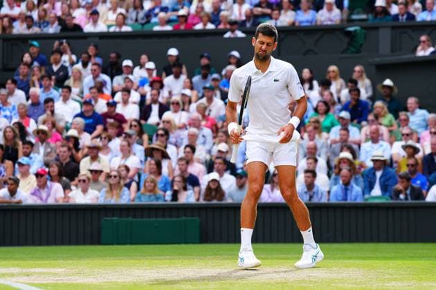 Mandatory Credit: Photo by Javier Garcia Shutterstock (14003753ib) Novak Djokovic reacts to losing the first set during his quarter final match Wimbledon Tennis Championships, Day 9, The All England Lawn Tennis and Croquet Club, London, UK - 11 Jul 2023 Wimbledon Tennis Championships, Day 9, The All England Lawn Tennis and Croquet Club, London, UK - 11 Jul 2023  Copyright: xJavierxGarcia Shutterstockx 14003753ib