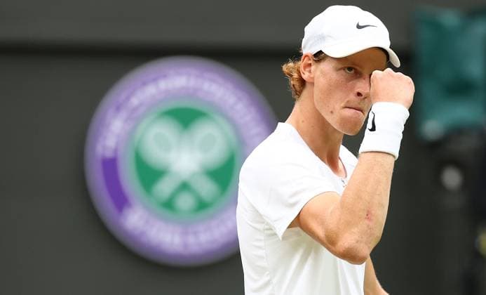 Mandatory Credit: Photo by Simon Dael Shutterstock (14003756dl) Jannik Sinner celebrates against Roman Safiullin Wimbledon Tennis Championships, Day 9, The All England Lawn Tennis and Croquet Club, London, UK - 11 Jul 2023 Wimbledon Tennis Championships, Day 9, The All England Lawn Tennis and Croquet Club, London, UK - 11 Jul 2023  Copyright: xSimonxDael Shutterstockx 14003756dl