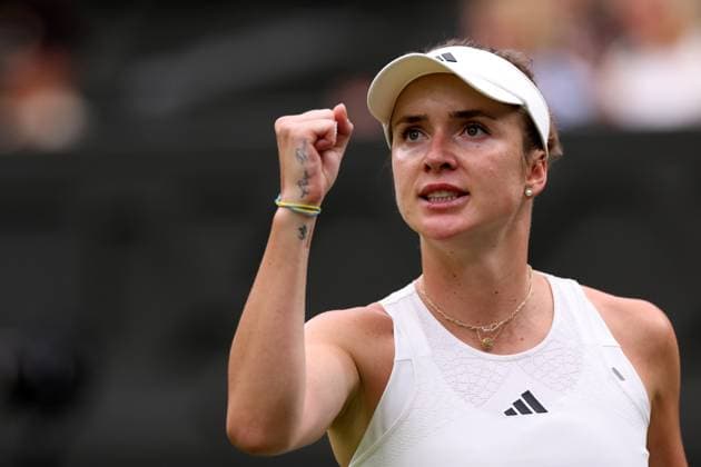 11th July 2023; All England Lawn Tennis and Croquet Club, London, England: Wimbledon Tennis Tournament; Elina Svitolina celebrates breaking the serve of Iga Swiatek in the womens singles quarter-final match  ActionPlus12530195 ShaunxBrooks