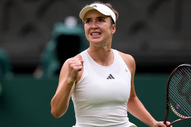 11th July 2023; All England Lawn Tennis and Croquet Club, London, England: Wimbledon Tennis Tournament; Elina Svitolina celebrates breaking the serve of Iga Swiatek in the womens singles quarter-final match  ActionPlus12530197 ShaunxBrooks