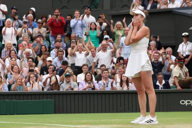 11th July 2023; All England Lawn Tennis and Croquet Club, London, England: Wimbledon Tennis Tournament; Elina Svitolina celebrates as she wins the match against Iga Swiatek in the womens singles quarter-final match  ActionPlus12530217 ShaunxBrooks