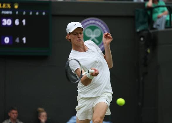 11th July 2023; All England Lawn Tennis and Croquet Club, London, England: Wimbledon Tennis Tournament; Jannik Sinner (ITA) with a forehand shot to Roman Safiullin (RUS)  ActionPlus12530268 JohnxPatrickxFletcher