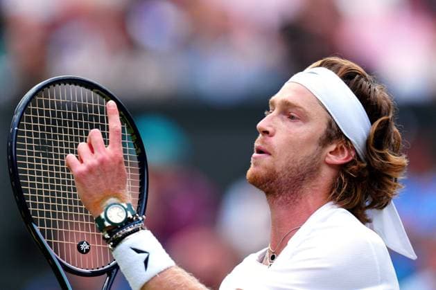Mandatory Credit: Photo by Javier Garcia Shutterstock (14003753jn) Andrey Rublev reacts during his quarter final match Wimbledon Tennis Championships, Day 9, The All England Lawn Tennis and Croquet Club, London, UK - 11 Jul 2023 Wimbledon Tennis Championships, Day 9, The All England Lawn Tennis and Croquet Club, London, UK - 11 Jul 2023  Copyright: xJavierxGarcia Shutterstockx 14003753jn
