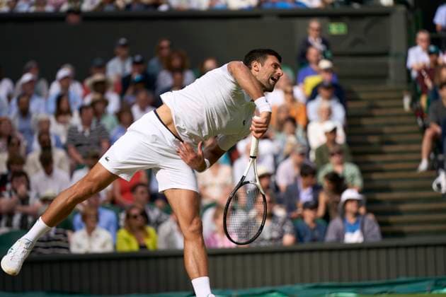 2023 Wimbledon Championships Novak Djokovic (SRB) plays his shot against Andrey Rublev (RUS) on Number 1 court in the mens singles quarter finals on Day 9 at the 2023 Wimbledon Championships at the All England Club, London, UK, 11 July 2023, Credit:Peter van den Berg Avalon United Kingdom, England, London, All England Lawn Tennis and Croquet Club  Copyright: xPeterxvanxdenxBergx xAvalonx 0788556580