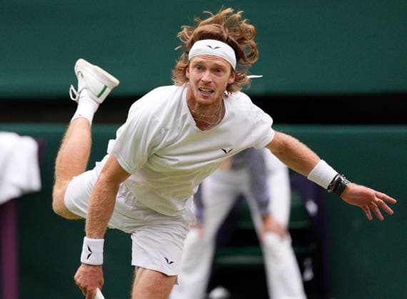Mandatory Credit: Photo by Dave Shopland Shutterstock (14003757dm) Andrey Rublev during his quarter final match Wimbledon Tennis Championships, Day 9, The All England Lawn Tennis and Croquet Club, London, UK - 11 Jul 2023 Wimbledon Tennis Championships, Day 9, The All England Lawn Tennis and Croquet Club, London, UK - 11 Jul 2023  Copyright: xDavexShopland Shutterstockx 14003757dm