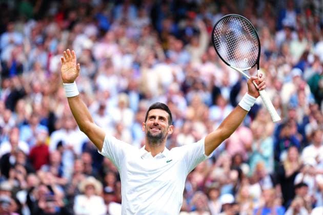 Mandatory Credit: Photo by Javier Garcia Shutterstock (14003753mh) Novak Djokovic celebrates victory in his quarter round match Wimbledon Tennis Championships, Day 9, The All England Lawn Tennis and Croquet Club, London, UK - 11 Jul 2023 Wimbledon Tennis Championships, Day 9, The All England Lawn Tennis and Croquet Club, London, UK - 11 Jul 2023  Copyright: xJavierxGarcia Shutterstockx 14003753mh