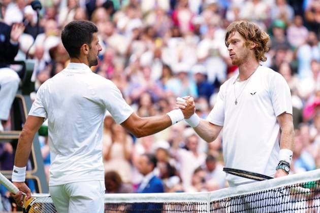 Mandatory Credit: Photo by Javier Garcia Shutterstock (14003753mo) Novak Djokovic celebrates victory in his quarter round match against Andrey Rublev Wimbledon Tennis Championships, Day 9, The All England Lawn Tennis and Croquet Club, London, UK - 11 Jul 2023 Wimbledon Tennis Championships, Day 9, The All England Lawn Tennis and Croquet Club, London, UK - 11 Jul 2023  Copyright: xJavierxGarcia Shutterstockx 14003753mo