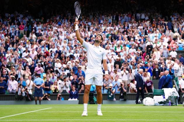Mandatory Credit: Photo by Javier Garcia Shutterstock (14003753mt) Novak Djokovic celebrates victory in his quarter round match Wimbledon Tennis Championships, Day 9, The All England Lawn Tennis and Croquet Club, London, UK - 11 Jul 2023 Wimbledon Tennis Championships, Day 9, The All England Lawn Tennis and Croquet Club, London, UK - 11 Jul 2023  Copyright: xJavierxGarcia Shutterstockx 14003753mt