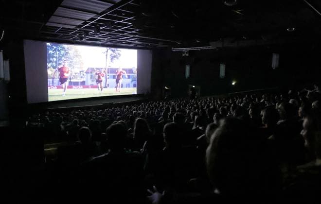 11 07 2023 football season 2022 2023 2 women football Bundesliga cinema premiere 1 FC Nürnberg FCN club promotion film brave to the end sports photo zinc DaMa xdaxmax symbol picture symbol photo feature impression audience fans club fan club fans FCN fans fans in the cinema hall cinema