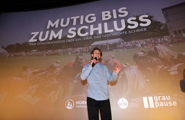 11 07 2023 football season 2022 2023 2 women football Bundesliga cinema premiere 1 FC Nürnberg FCN club promotion film courageous to the end sports photo zinc DaMa xdaxmax Felix Krause filmmaker of the film courageous to the end thanks audience fans clubfan clubfans FCN fans fans