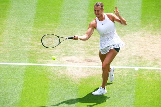 Mandatory Credit: Photo by Simon Dael Shutterstock (14006840c) Aryna Sabalenka breaks serve in the first game of the match Wimbledon Tennis Championships, Day 10, The All England Lawn Tennis and Croquet Club, London, UK - 12 Jul 2023 Wimbledon Tennis Championships, Day 10, The All England Lawn Tennis and Croquet Club, London, UK - 12 Jul 2023  Copyright: xSimonxDael Shutterstockx 14006840c