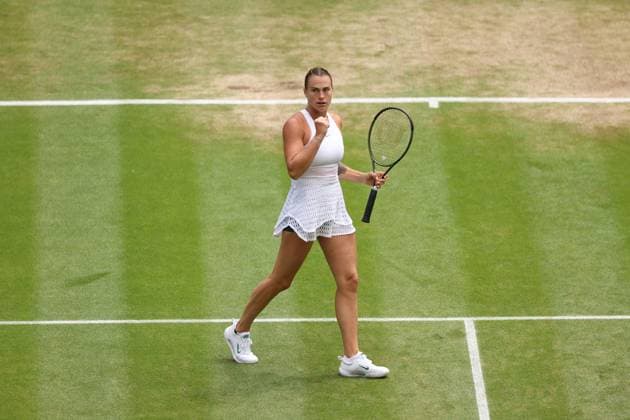 12th July 2023; All England Lawn Tennis and Croquet Club, London, England: Wimbledon Tennis Tournament; Aryna Sabalenka celebrates winning a point against Madison Keys  ActionPlus12530501 ShaunxBrooks