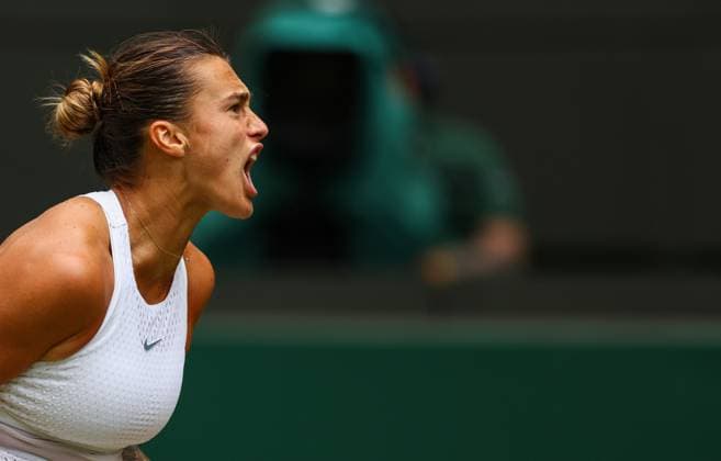 Mandatory Credit: Photo by Simon Dael Shutterstock (14006840ak) Aryna Sabalenka Wimbledon Tennis Championships, Day 10, The All England Lawn Tennis and Croquet Club, London, UK - 12 Jul 2023 Wimbledon Tennis Championships, Day 10, The All England Lawn Tennis and Croquet Club, London, UK - 12 Jul 2023  Copyright: xSimonxDael Shutterstockx 14006840ak