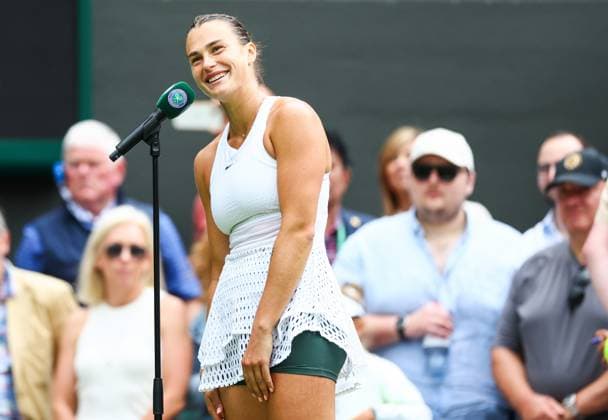Mandatory Credit: Photo by Simon Dael Shutterstock (14006840av) Aryna Sabalenka celebrates winning her match against Madison Keys Wimbledon Tennis Championships, Day 10, The All England Lawn Tennis and Croquet Club, London, UK - 12 Jul 2023 Wimbledon Tennis Championships, Day 10, The All England Lawn Tennis and Croquet Club, London, UK - 12 Jul 2023  Copyright: xSimonxDael Shutterstockx 14006840av