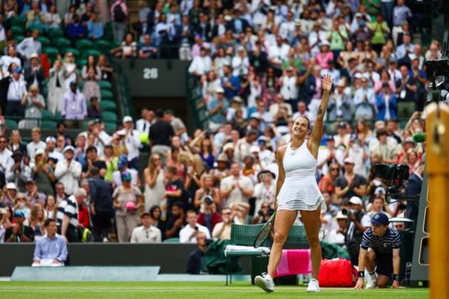 Mandatory Credit: Photo by Simon Dael Shutterstock (14006840ay) Aryna Sabalenka celebrates winning her match against Madison Keys Wimbledon Tennis Championships, Day 10, The All England Lawn Tennis and Croquet Club, London, UK - 12 Jul 2023 Wimbledon Tennis Championships, Day 10, The All England Lawn Tennis and Croquet Club, London, UK - 12 Jul 2023  Copyright: xSimonxDael Shutterstockx 14006840ay