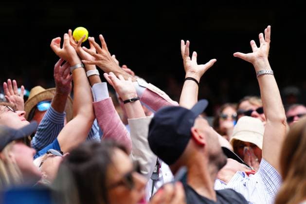 Mandatory Credit: Photo by Javier Garcia Shutterstock (14006839cx) Spectators attempt to catch the ball Wimbledon Tennis Championships, Day 10, The All England Lawn Tennis and Croquet Club, London, UK - 12 Jul 2023 Wimbledon Tennis Championships, Day 10, The All England Lawn Tennis and Croquet Club, London, UK - 12 Jul 2023  Copyright: xJavierxGarcia Shutterstockx 14006839cx