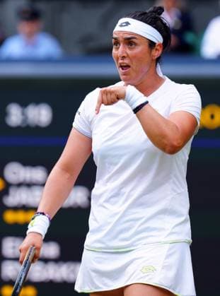 Mandatory Credit: Photo by Javier Garcia Shutterstock (14006839db) Ons Jabeur gestures during her quarter final match Wimbledon Tennis Championships, Day 10, The All England Lawn Tennis and Croquet Club, London, UK - 12 Jul 2023 Wimbledon Tennis Championships, Day 10, The All England Lawn Tennis and Croquet Club, London, UK - 12 Jul 2023  Copyright: xJavierxGarcia Shutterstockx 14006839db
