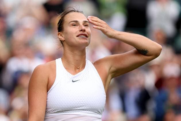 Sport Bilder des Tages 12th July 2023; All England Lawn Tennis and Croquet Club, London, England: Wimbledon Tennis Tournament; Aryna Sabalenka celebrates as she wins the match against Madison Keys  ActionPlus12530649 ShaunxBrooks