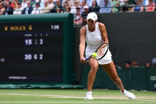 12th July 2023; All England Lawn Tennis and Croquet Club, London, England: Wimbledon Tennis Tournament; Madison Keys plays a backhand shot to Aryna Sabalenka  ActionPlus12530655 ShaunxBrooks