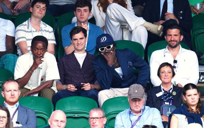 Mandatory Credit: Photo by Javier Garcia Shutterstock (14006839eo) Rudolphe Mdlongwa, Billy Harris and Kojey Radical watching the action on Centre Court Wimbledon Tennis Championships, Day 10, The All England Lawn Tennis and Croquet Club, London, UK - 12 Jul 2023 Wimbledon Tennis Championships, Day 10, The All England Lawn Tennis and Croquet Club, London, UK - 12 Jul 2023  Copyright: xJavierxGarcia Shutterstockx 14006839eo