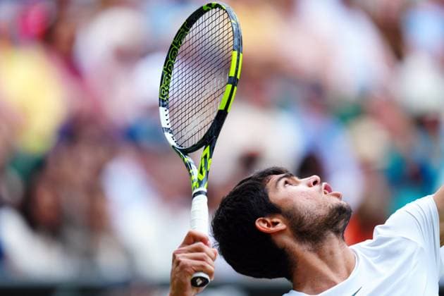 Mandatory Credit: Photo by Javier Garcia Shutterstock (14006839eq) Carlos Alcaraz during his quarter final match Wimbledon Tennis Championships, Day 10, The All England Lawn Tennis and Croquet Club, London, UK - 12 Jul 2023 Wimbledon Tennis Championships, Day 10, The All England Lawn Tennis and Croquet Club, London, UK - 12 Jul 2023  Copyright: xJavierxGarcia Shutterstockx 14006839eq