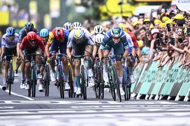 Belgian Jasper Philipsen of Alpecin-Deceuninck sprints to the finish and wins stage 11 of the Tour de France cycling race, from Clermont-Ferrand to Moulins (179,8 km), France, Wednesday 12 July 2023. This year s Tour de France takes place from 01 to 23 July 2023. JASPERxJACOBS  x70511297x