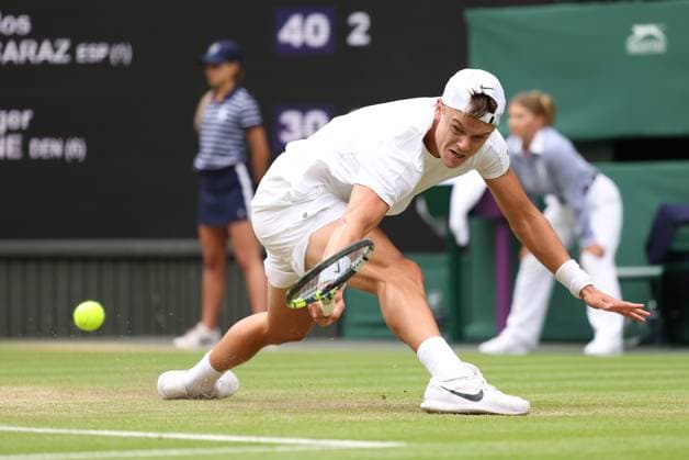 12th July 2023; All England Lawn Tennis and Croquet Club, London, England: Wimbledon Tennis Tournament; Mens singles quarter-final, Carlos Alcaraz versus Holger Rune on Centre Court  ActionPlus12530687 ShaunxBrooks